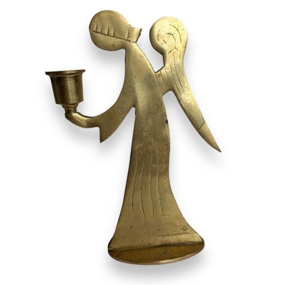 Vintage Brass Angel Candlestick Holder Made in Korea 7.5 Inches Tall Patina